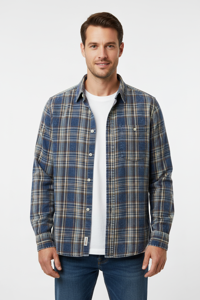 Camicia quadri indigo washed - indossata mezzo busto sfondo bianco